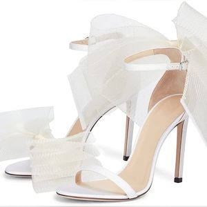 Women's Stiletto High Heeled Sandals with Asymmetric Lace Mesh Bows Knot Decorat